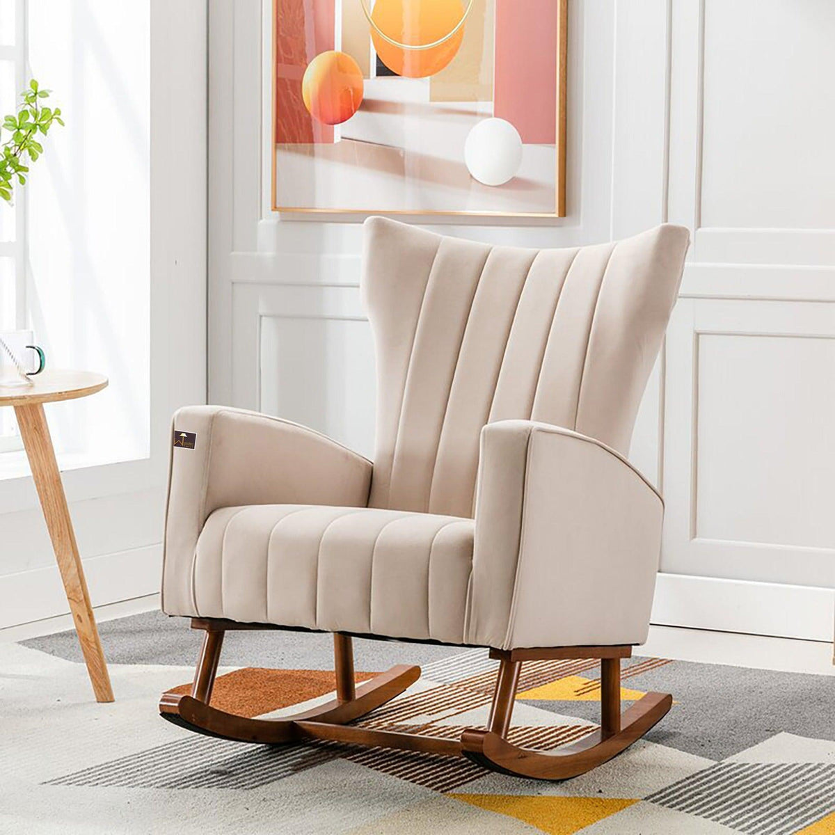 Wooden Velvet Accent Rocking Chair in Beige