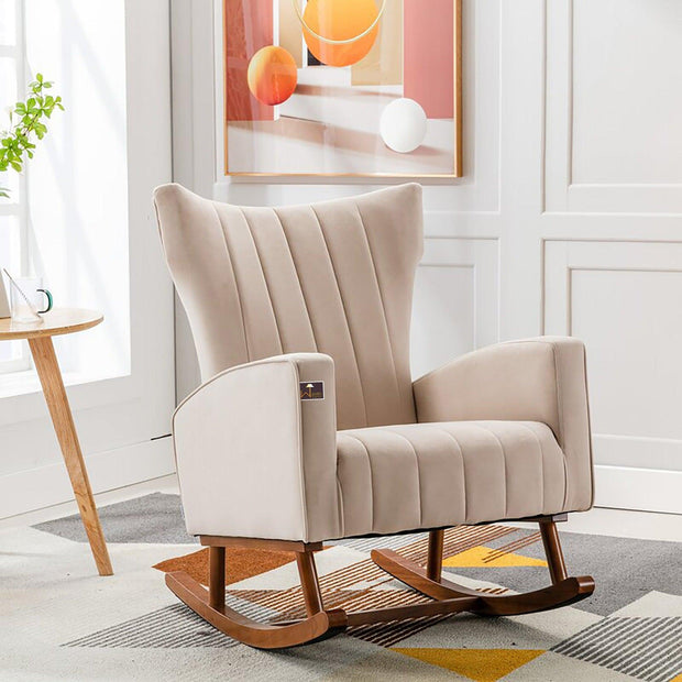 Wooden Velvet Accent Rocking Chair (Beige)