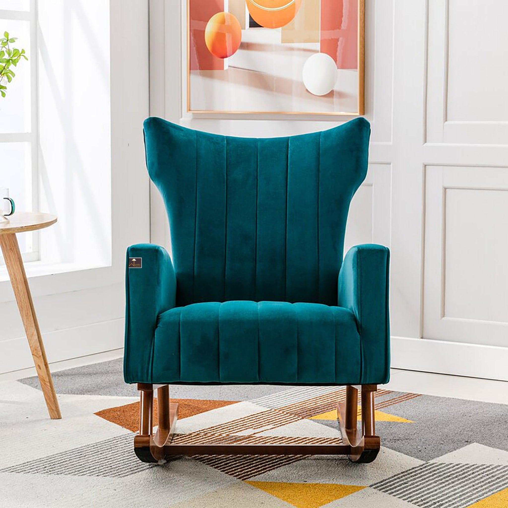 Wooden Velvet Accent Rocking Chair (Teal) - WoodenTwist
