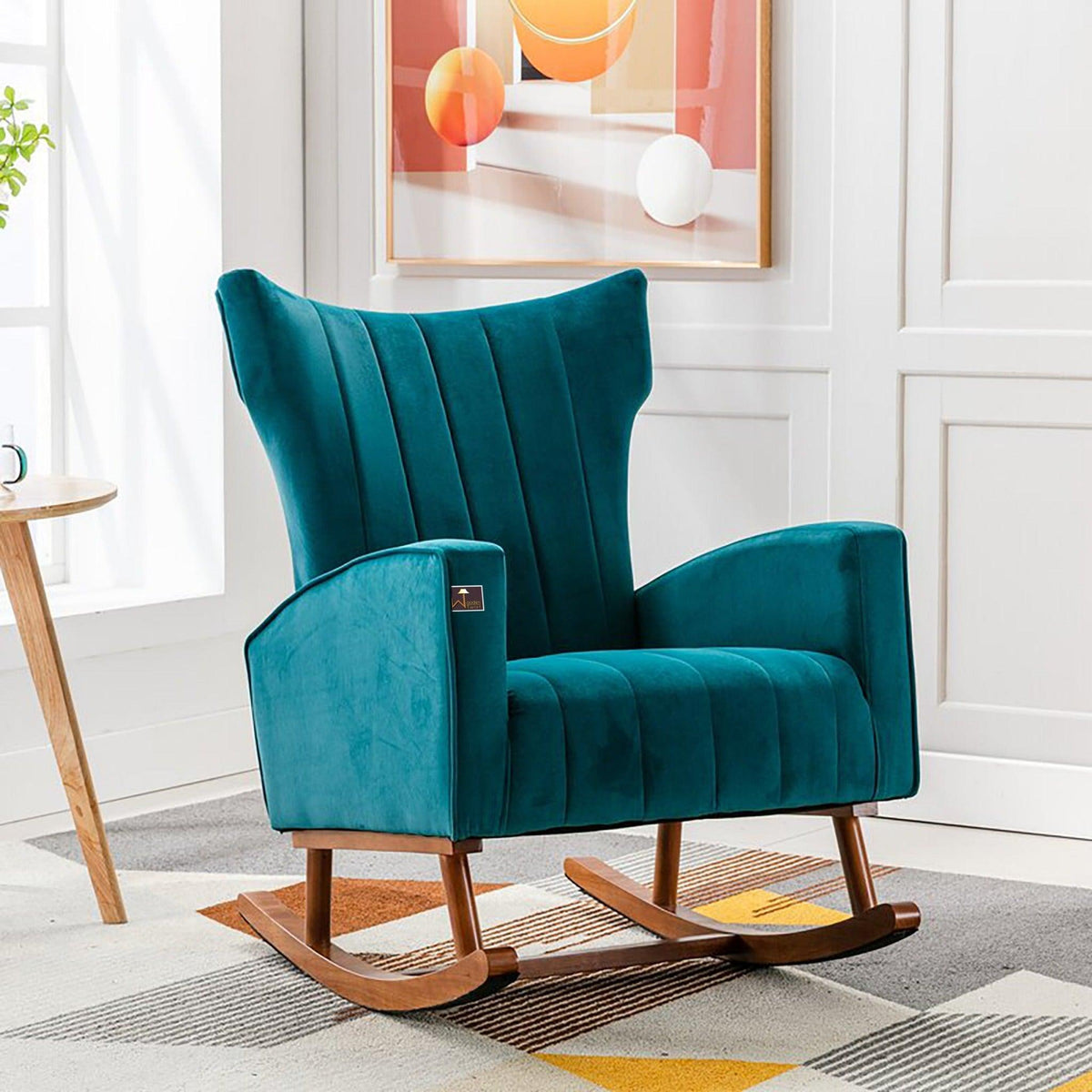 Wooden Velvet Accent Rocking Chair in Teal