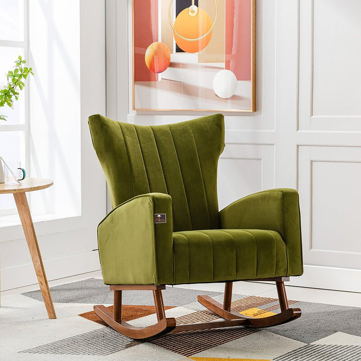 Wooden Velvet Accent Rocking Chair in Green