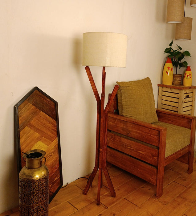 Vrikshya Wooden Floor Lamp with Brown Base and Premium Beige Fabric Lampshade - WoodenTwist