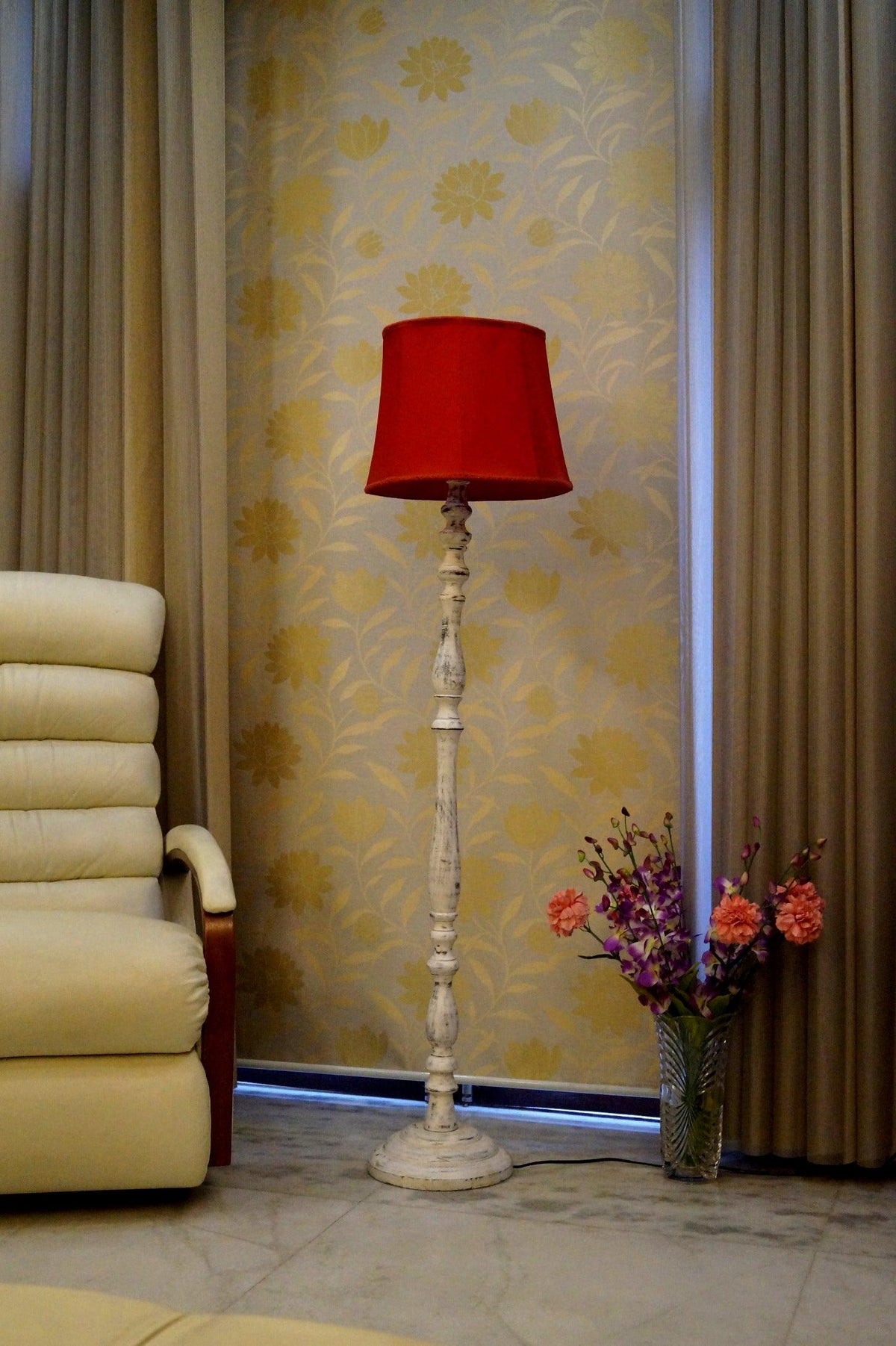 Mango Wood Floor Lamp (Brown & Red with Cylindrical Shade) - WoodenTwist