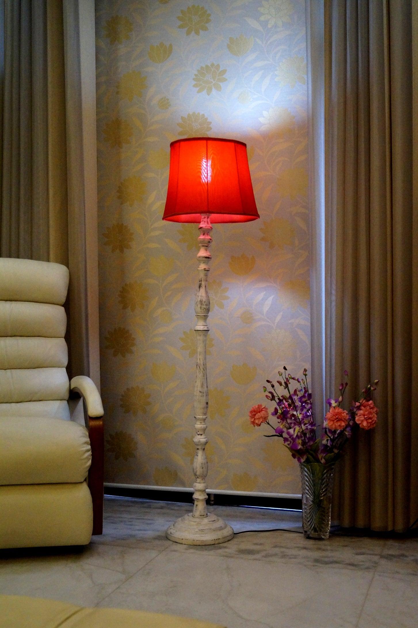 Mango Wood Floor Lamp (Brown & Red with Cylindrical Shade) - WoodenTwist