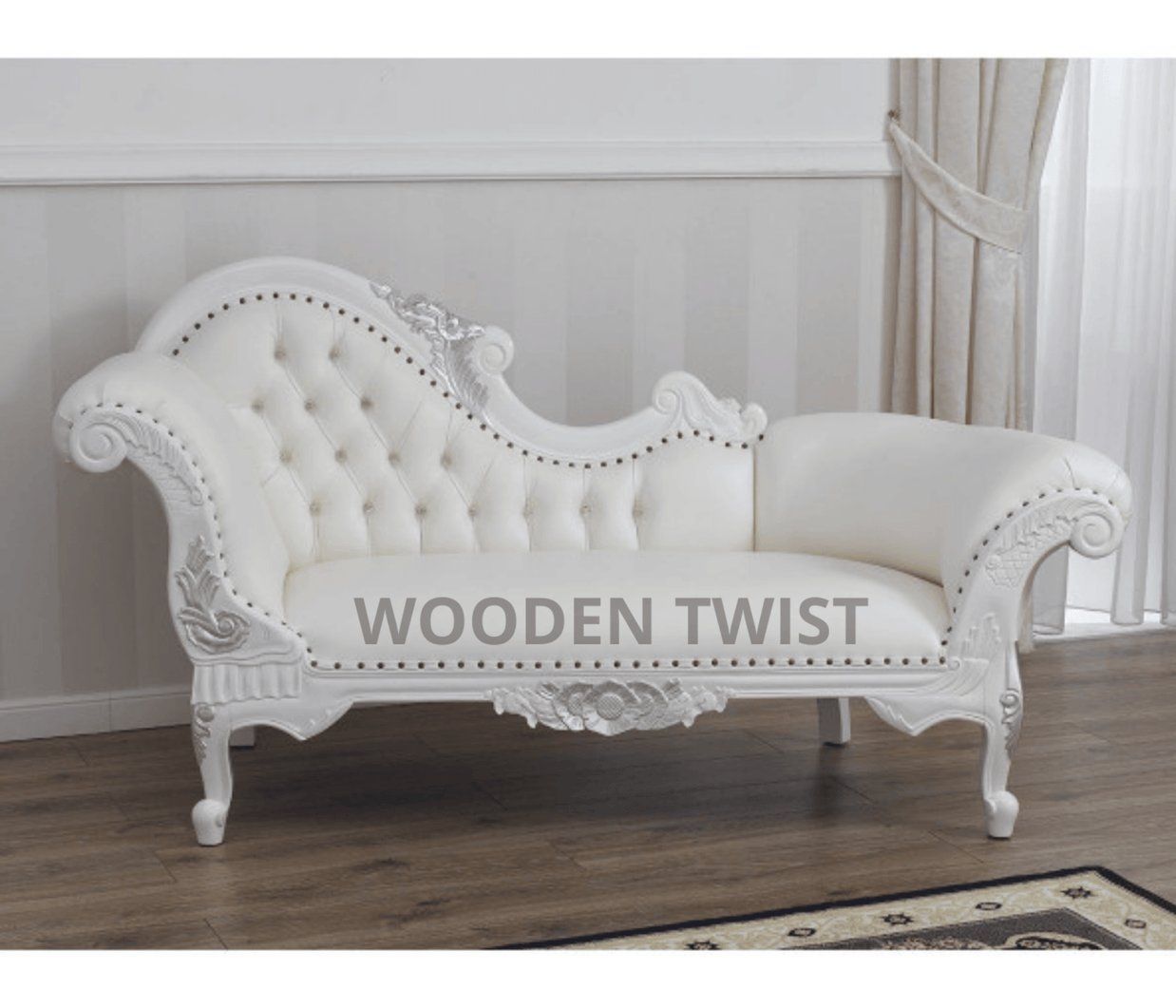 Magnificent Teak Wood Handcrafted Deewan Chaise Lounge White Silver - front view