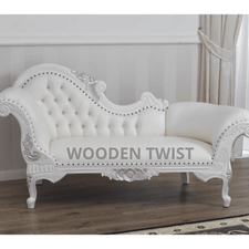 Magnificent Teak Wood Handcrafted Deewan Chaise Lounge White Silver - front view