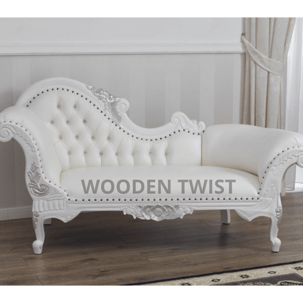 Magnificent Teak Wood Handcrafted Deewan Chaise Lounge White Silver - front view