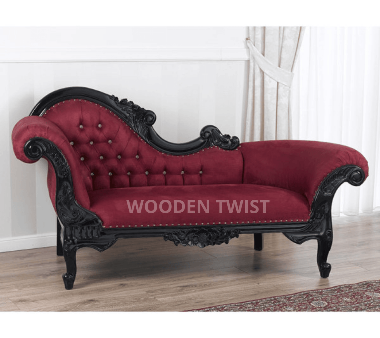 Modish Teak Wood Handcrafted Deewan Chaise Lounge Black Finish - front view