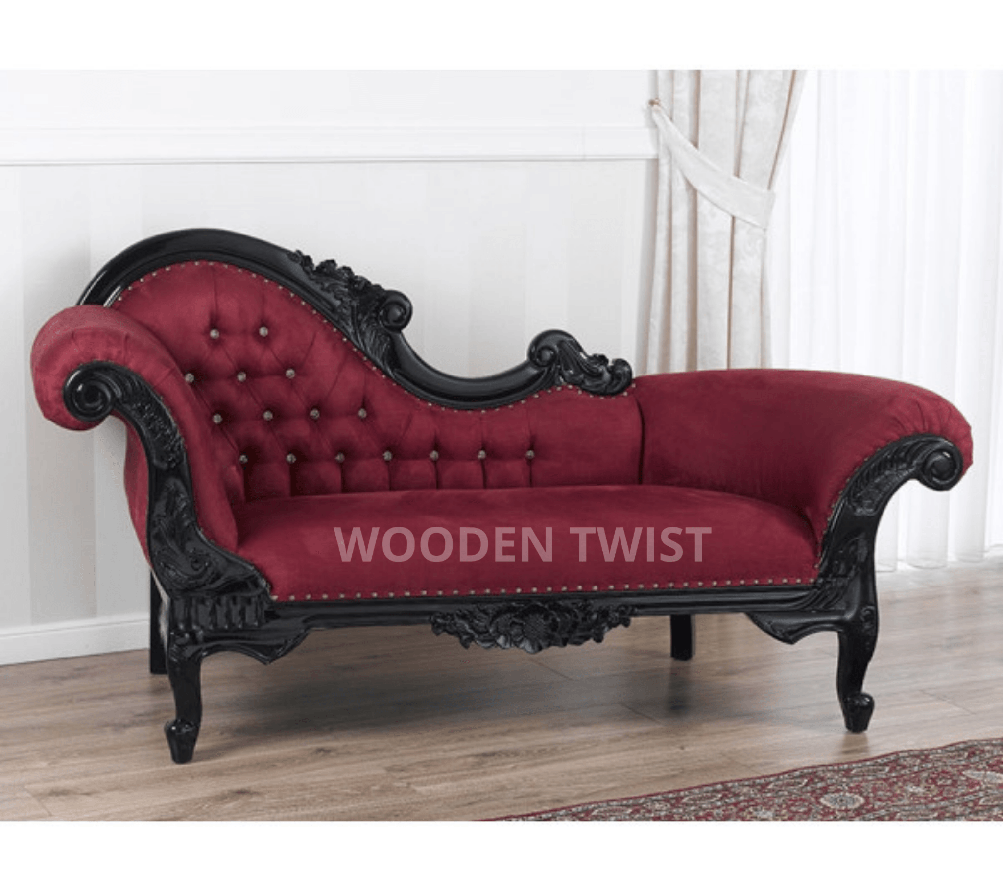 Modish Teak Wood Handcrafted Deewan Chaise Lounge Black Finish - front view