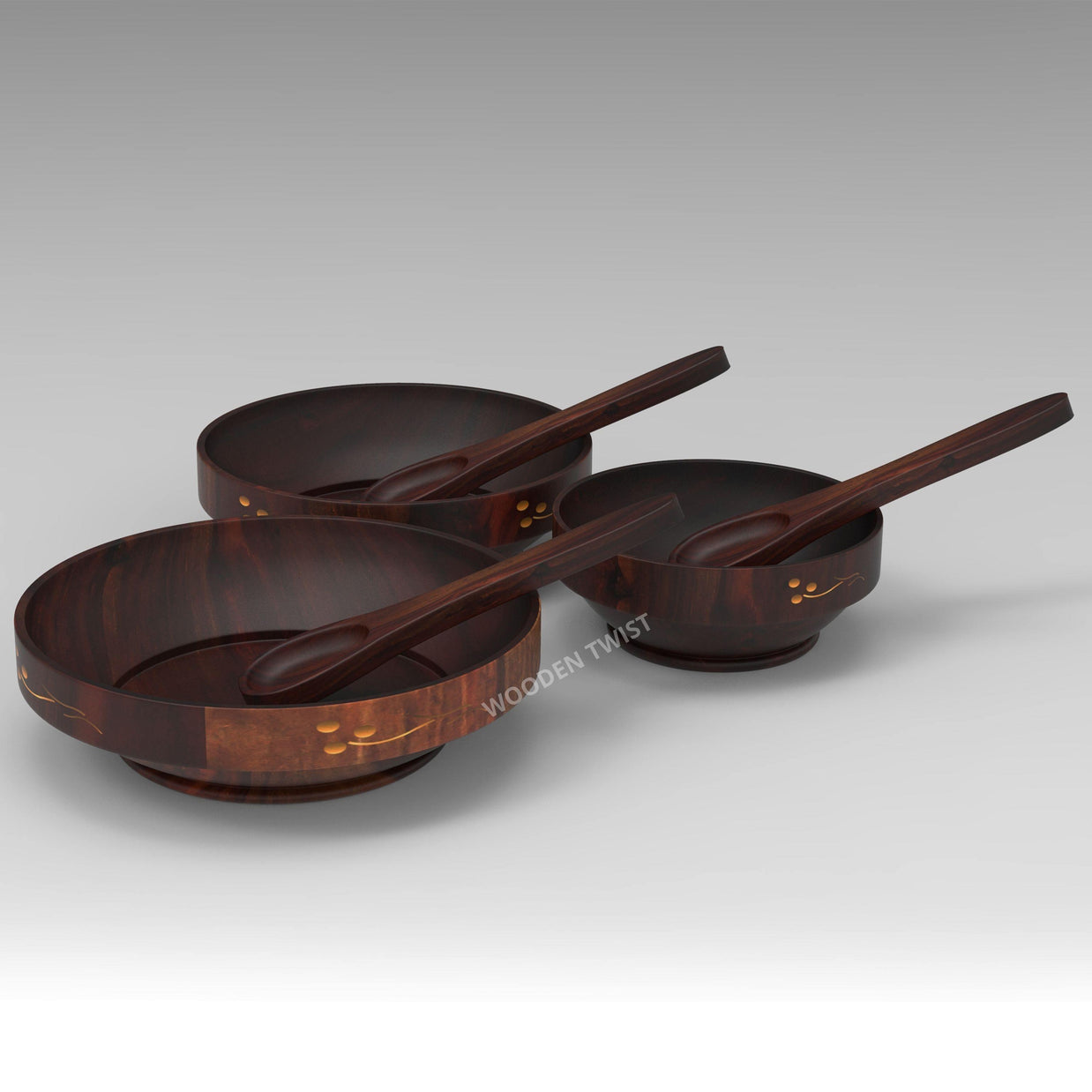 Sheesham wood bowl set top view showing brass inlay