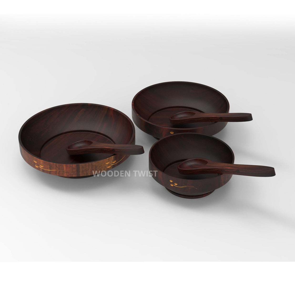 Handcrafted wooden serving bowls with floral carving close up
