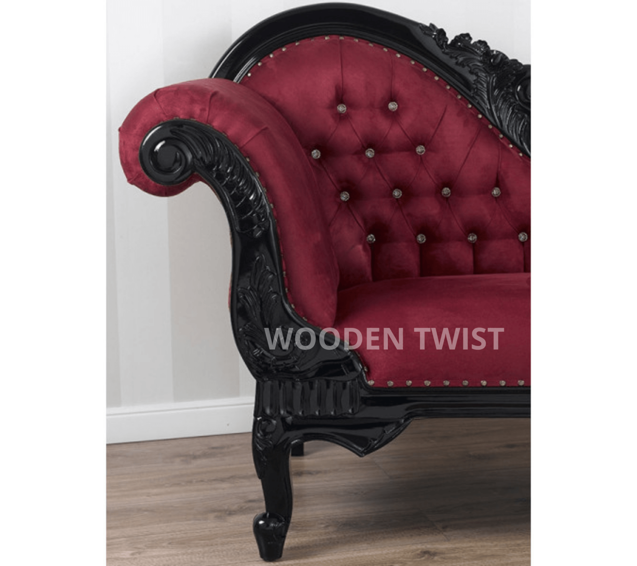 Modish Teak Wood Handcrafted Deewan Chaise Lounge Black Finish - velvet upholstery detail