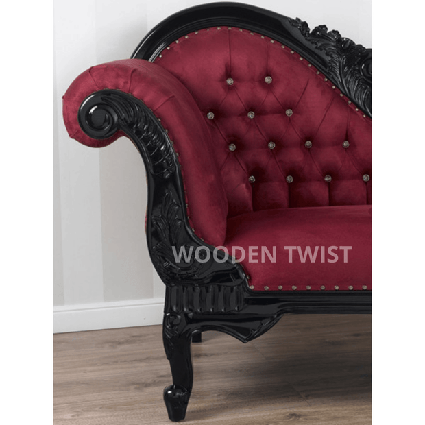 Modish Teak Wood Handcrafted Deewan Chaise Lounge Black Finish - velvet upholstery detail