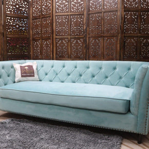 Designer Velvet Rolled Arm Chesterfield Sofa (3 Seater Sky Blue) - WoodenTwist