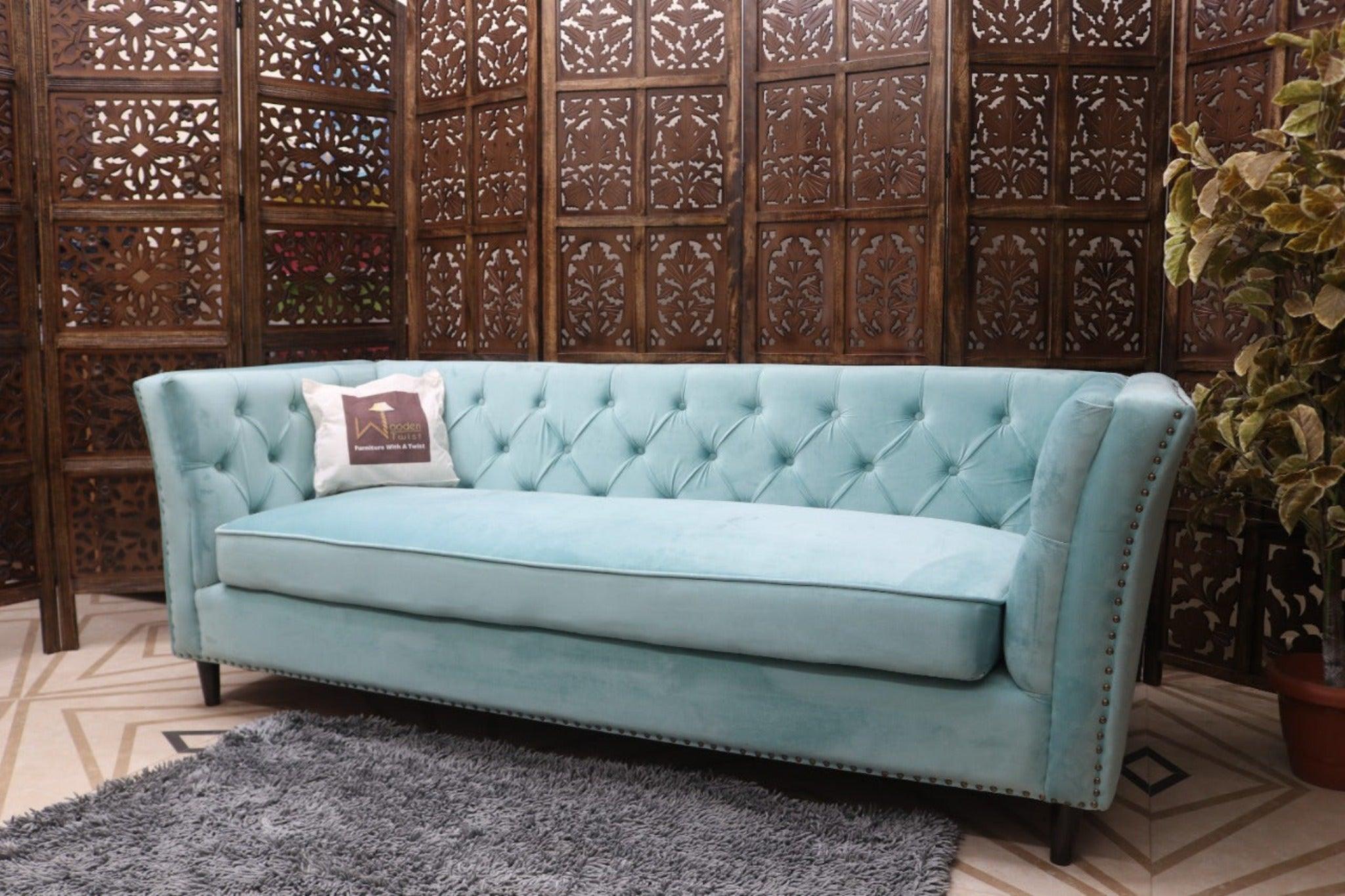 Designer Velvet Rolled Arm Chesterfield Sofa (3 Seater Sky Blue) Sky Blue
