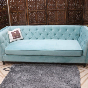 Designer Velvet Rolled Arm Chesterfield Sofa (3 Seater Sky Blue) - WoodenTwist