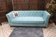 Designer Velvet Rolled Arm Chesterfield Sofa (3 Seater Sky Blue) - WoodenTwist