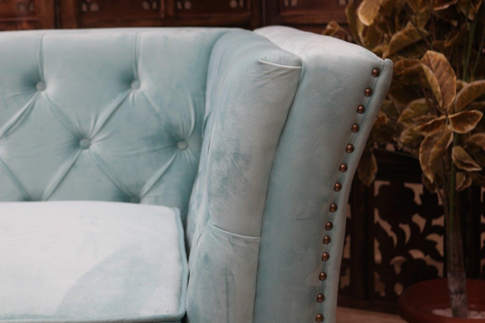 Designer Velvet Rolled Arm Chesterfield Sofa (3 Seater Sky Blue) - WoodenTwist