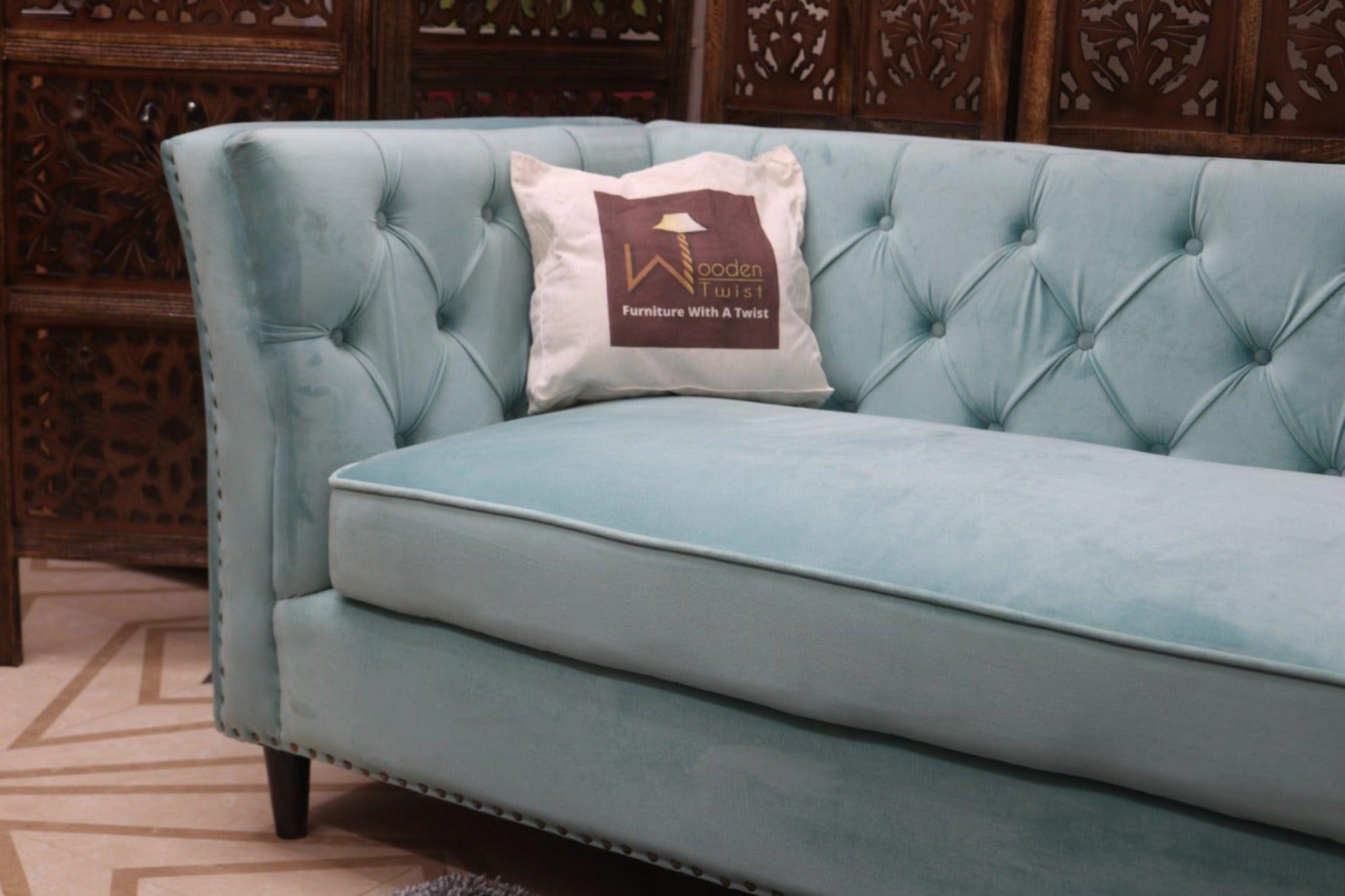 Designer Velvet Rolled Arm Chesterfield Sofa (3 Seater Sky Blue) - WoodenTwist