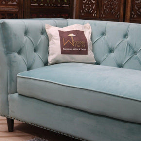 Designer Velvet Rolled Arm Chesterfield Sofa (3 Seater Sky Blue) - WoodenTwist