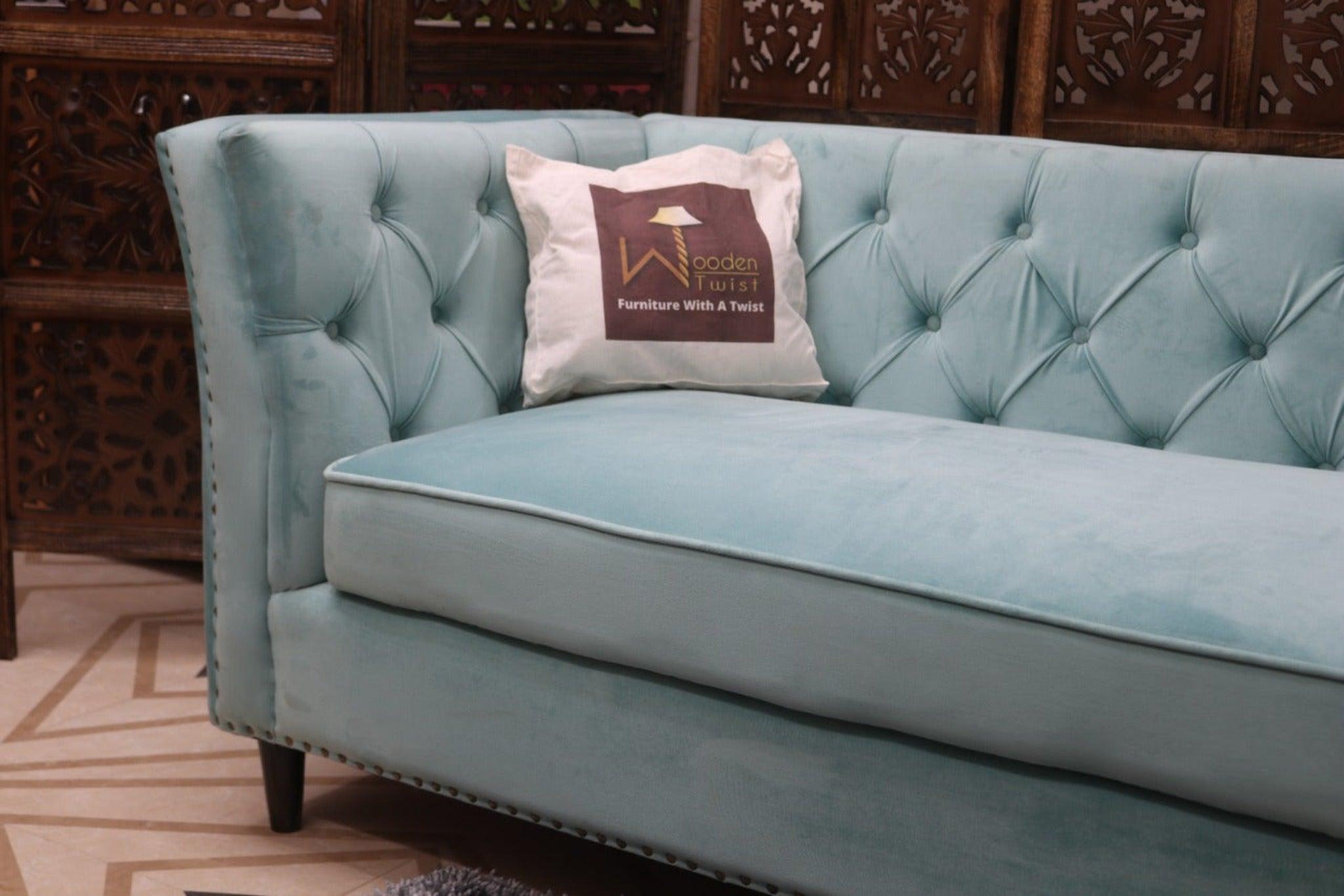 Designer Velvet Rolled Arm Chesterfield Sofa (3 Seater Sky Blue) - WoodenTwist