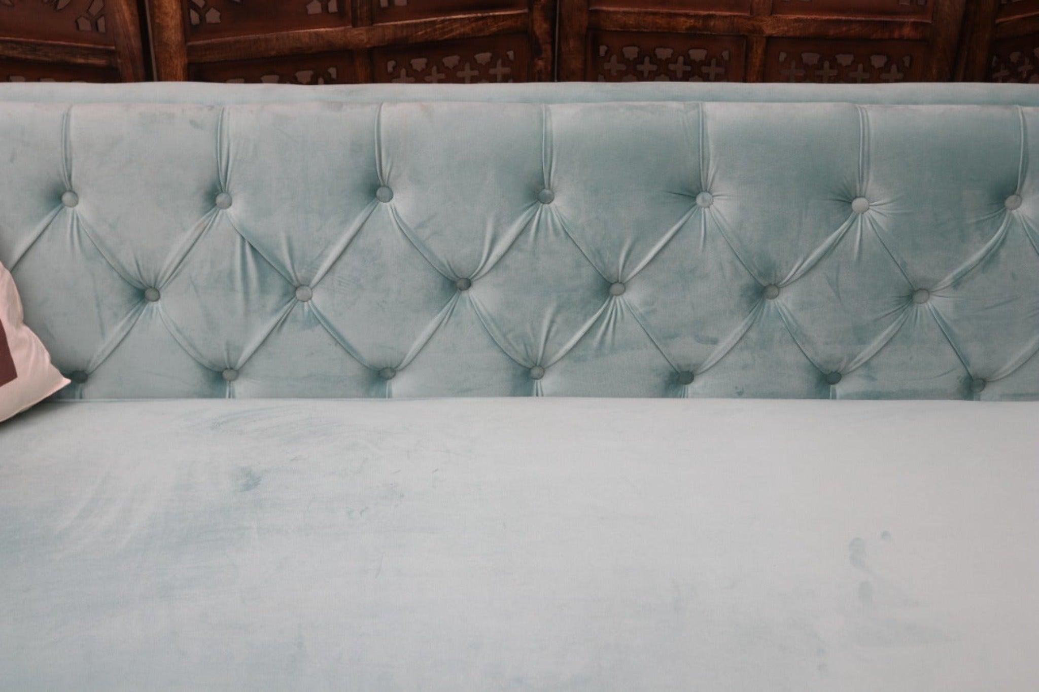 Designer Velvet Rolled Arm Chesterfield Sofa (3 Seater Sky Blue) - WoodenTwist