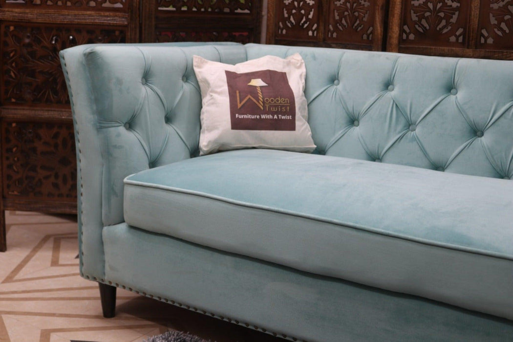 Designer Velvet Rolled Arm Chesterfield Sofa (3 Seater Sky Blue) - WoodenTwist