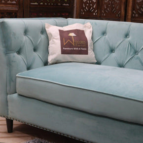 Designer Velvet Rolled Arm Chesterfield Sofa (3 Seater Sky Blue) - WoodenTwist