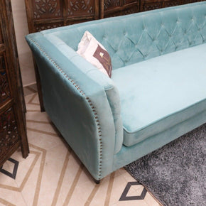 Designer Velvet Rolled Arm Chesterfield Sofa (3 Seater Sky Blue) - WoodenTwist
