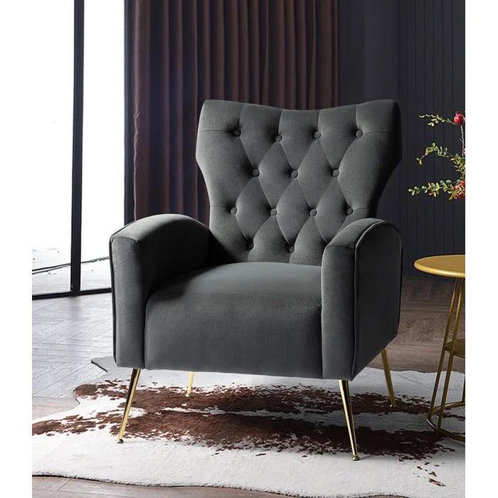 Stuffed Wide Tufted Velvet Wingback Chair for Living Room (Golden Metal Legs) - WoodenTwist