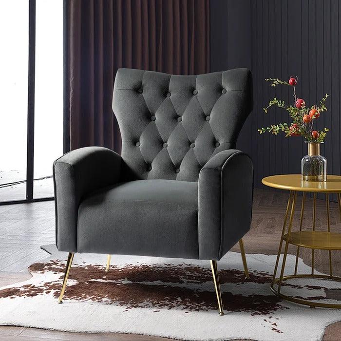 Stuffed Wide Tufted Velvet Wingback Chair for Living Room (Golden Metal Legs) - WoodenTwist