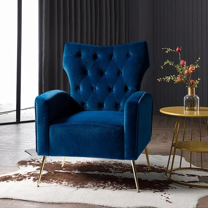 Stuffed Wide Tufted Velvet Wingback Chair for Living Room (Golden Metal Legs) - WoodenTwist