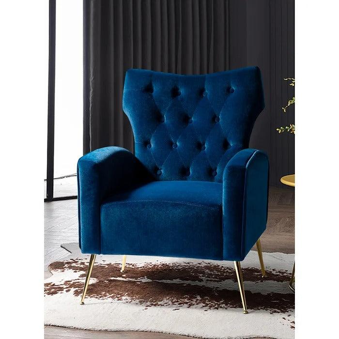 Stuffed Wide Tufted Velvet Wingback Chair for Living Room (Golden Metal Legs) - WoodenTwist