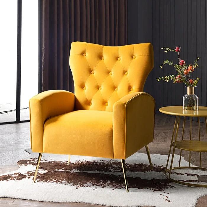 Stuffed Wide Tufted Velvet Wingback Chair for Living Room (Golden Metal Legs) - WoodenTwist