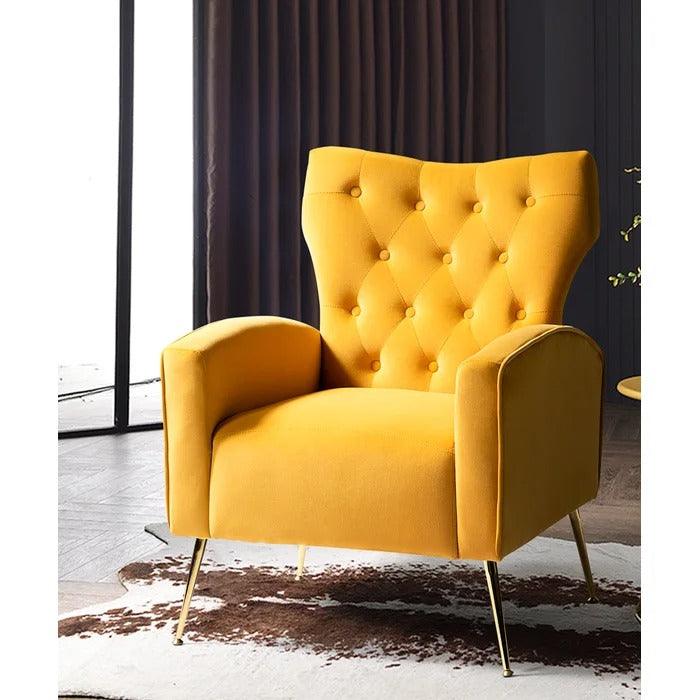 Stuffed Wide Tufted Velvet Wingback Chair for Living Room (Golden Metal Legs) - WoodenTwist