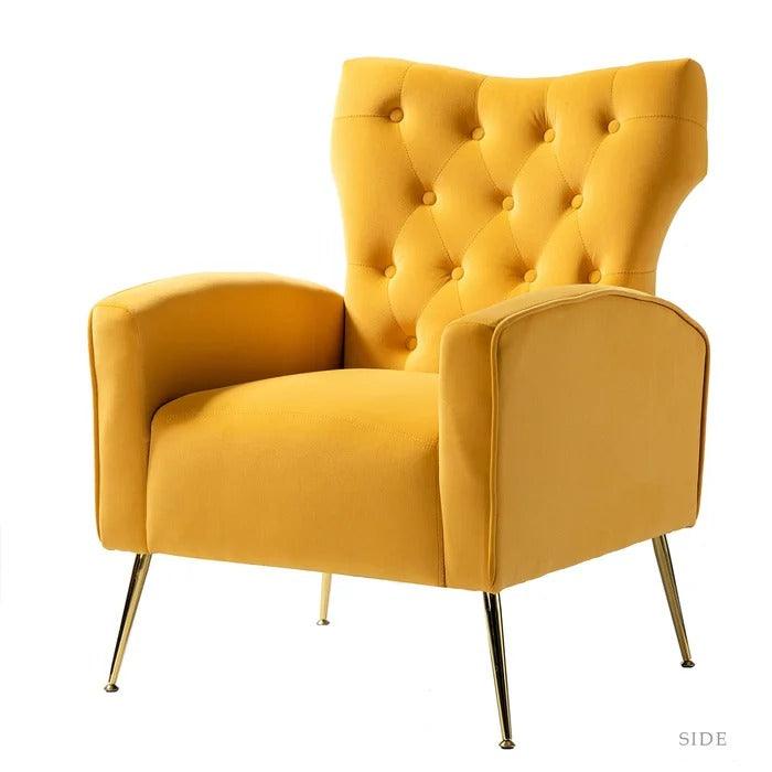 Stuffed Wide Tufted Velvet Wingback Chair for Living Room (Golden Metal Legs) - WoodenTwist