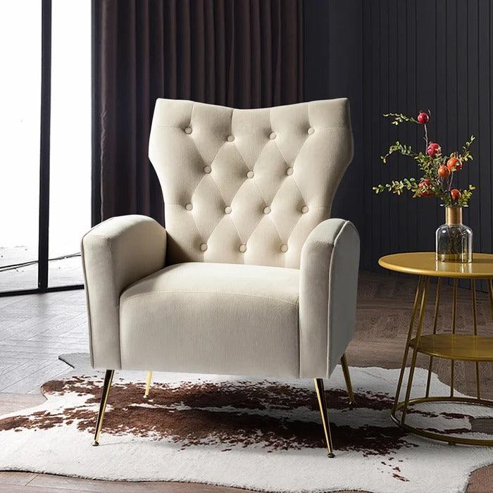 Stuffed Wide Tufted Velvet Wingback Chair for Living Room (Golden Metal Legs) - WoodenTwist