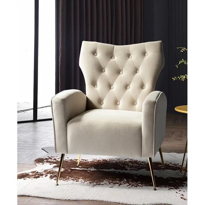 Stuffed Wide Tufted Velvet Wingback Chair for Living Room (Golden Metal Legs) - WoodenTwist