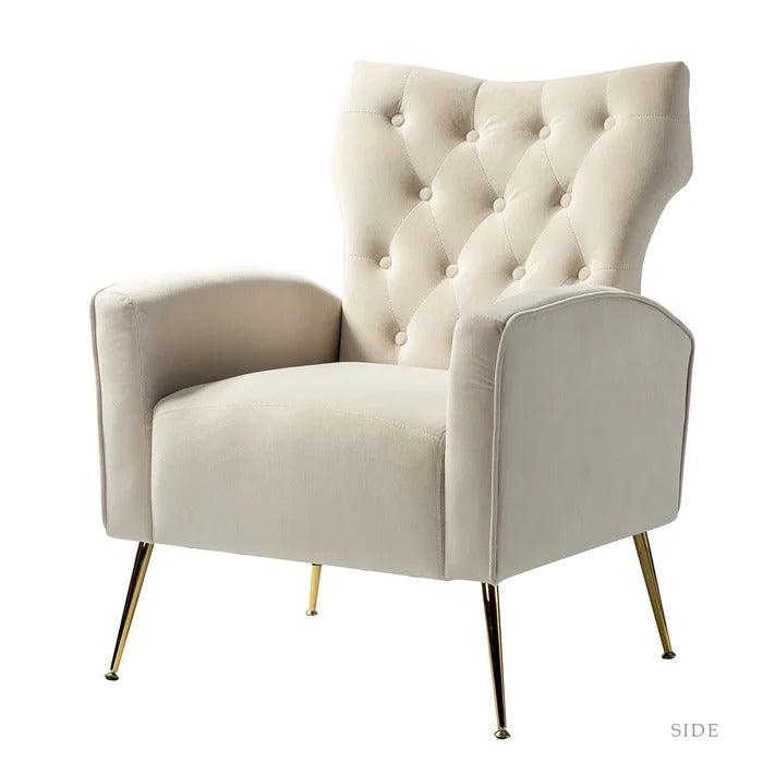 Stuffed Wide Tufted Velvet Wingback Chair for Living Room (Golden Metal Legs) - WoodenTwist