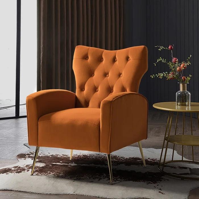 Stuffed Wide Tufted Velvet Wingback Chair for Living Room (Golden Metal Legs) - WoodenTwist