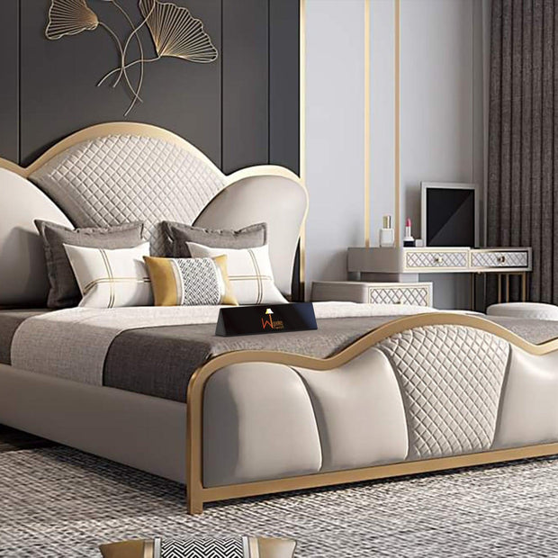 Antique Gold Finish Fux Design Queen Size Bed For Bedroom with Storage - WoodenTwist