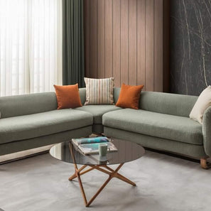Modern Stylish Left-Side L Shape 8 Seater Sofa For Lobby In Teak Finish 5+3 with 1 Chair - WoodenTwist