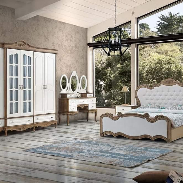 Antique White Royal Luxury Bed In Teak Wood With 2 Side Table 1 Dressing Table And 1 Wardrobe - WoodenTwist