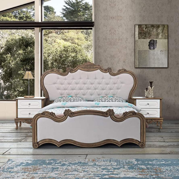 Antique White Royal Luxury Bed In Teak Wood With 2 Side Table 1 Dressing Table And 1 Wardrobe - WoodenTwist