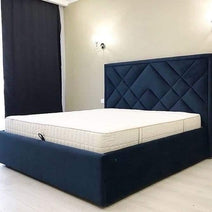 Modern Platform Queen Size Bed (Teak Wood, Blue) - WoodenTwist