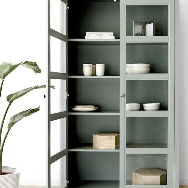 Handmade Modern Glazed Display Cabinet with Ten Shelves (Grey) - WoodenTwist