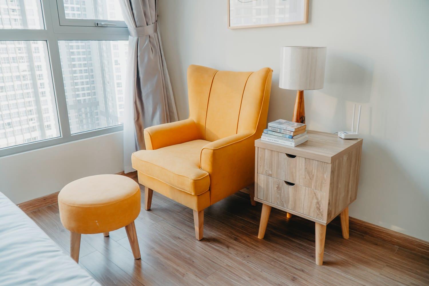 Handmade Modern Wide Tufted Wingback Chair with Footrest (Yellow) - WoodenTwist