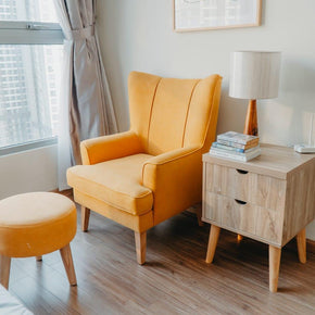 Handmade Modern Wide Tufted Wingback Chair with Footrest (Yellow) - WoodenTwist
