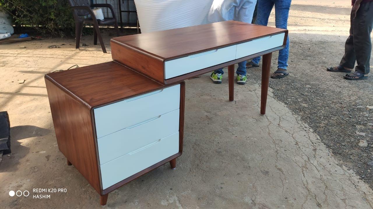 Wooden Twist Mesa Study Table with 5 Drawers Teak Wood Walnut Finish ( Brown & White ) - WoodenTwist