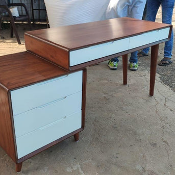 Wooden Twist Mesa Study Table with 5 Drawers Teak Wood Walnut Finish ( Brown & White ) - WoodenTwist